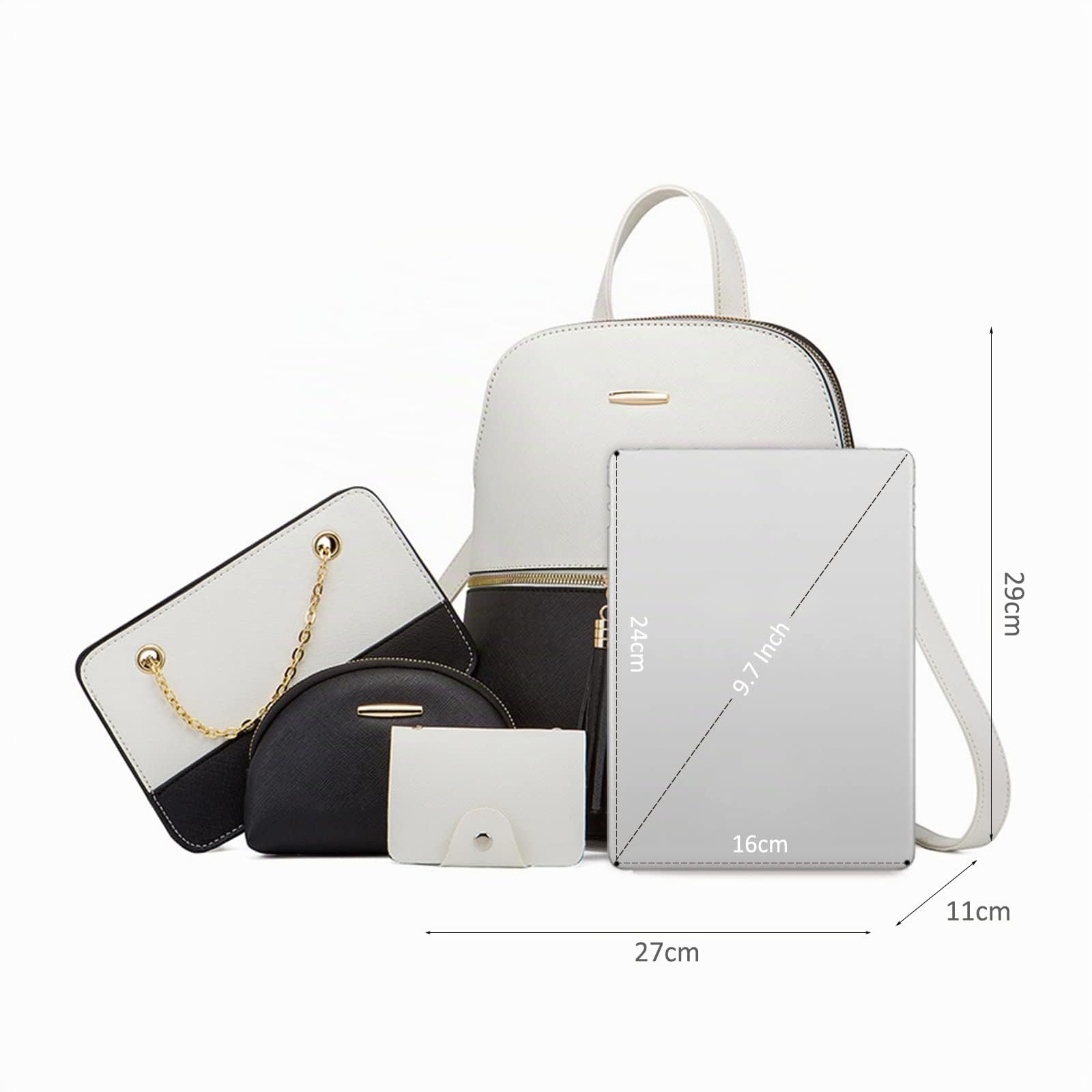 NICOLE & DORIS Rucksack Damen Klein Casual Daypack Elegant Wasserdicht Damenrucksack PU Leder Tagesrucksack Farbblock Umhängetasche Damen Rucksack-4 Set Schwarz und weiß
