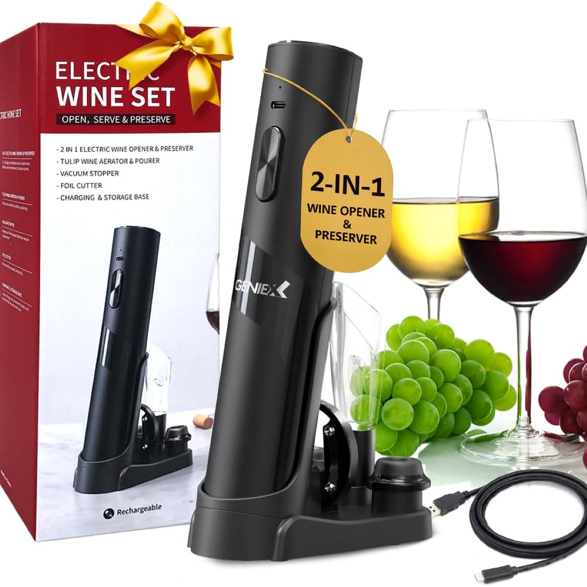 Abridor de vino eléctrico 6 en 1 con base de carga, parte inferior de sacacorchos automático + tapa automática de ahorro de vino | Regalo perfecto para vino