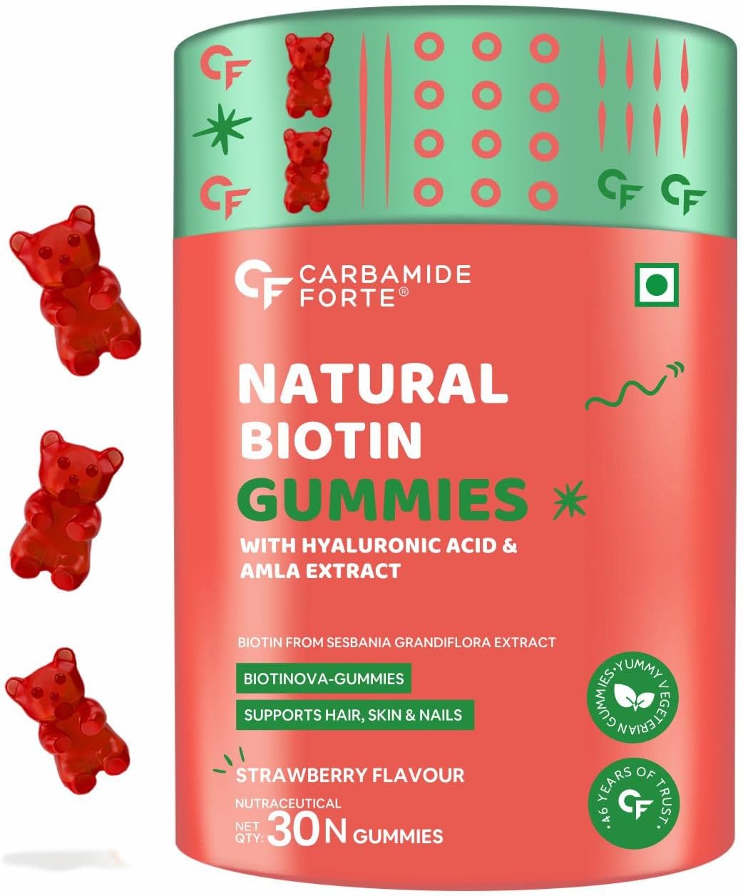 Carbamide Forte Biotin Hair Gummies for Hair Growth | Biotin Gummies for Women & Men | Hair Supplements for Women & Men | Hair Vitamins | Gummies for Hair Growth - 30 Veg Strawberry - Flavored Gummies