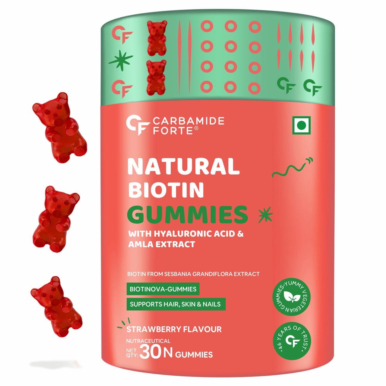 Carbamide Forte Biotin Hair Gummies for Hair Growth | Biotin Gummies for Women & Men | Hair Supplements for Women & Men | Hair Vitamins | Gummies for Hair Growth - 30 Veg Strawberry - Flavored Gummies