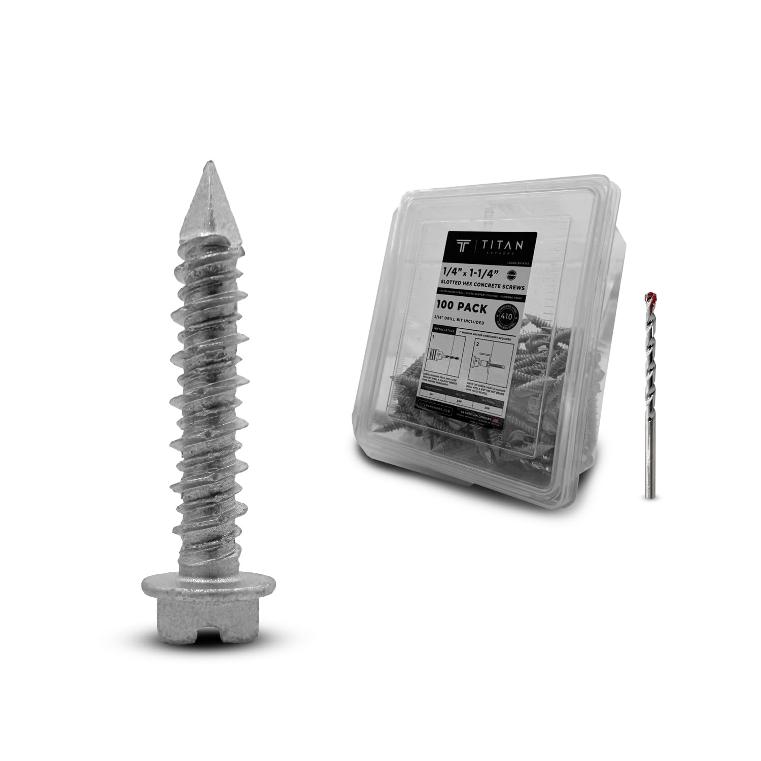 100-Pack 1/4" x 1-1/4" 410 Stainless Steel Hex-Head Diamond Point Concrete Screws for Exterior Anchoring + Drill Bit