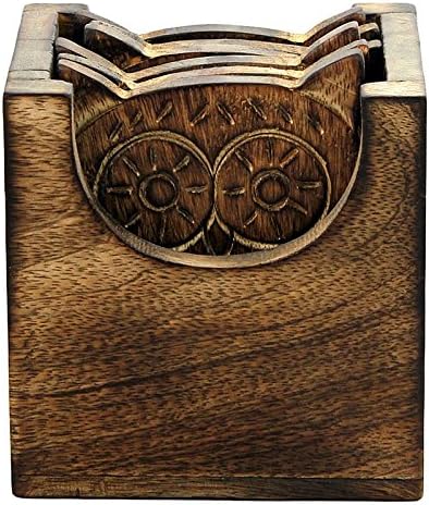 Gifts From India Owl Shape Fine Quality Wooden Coasters With Wooden Stand & Set of 6 pcs Coasters, Fit For Cold & Hot, Easy To Clean, (Stand Size : 4.25"x4"x3", Coaster Size : 4" x 3")