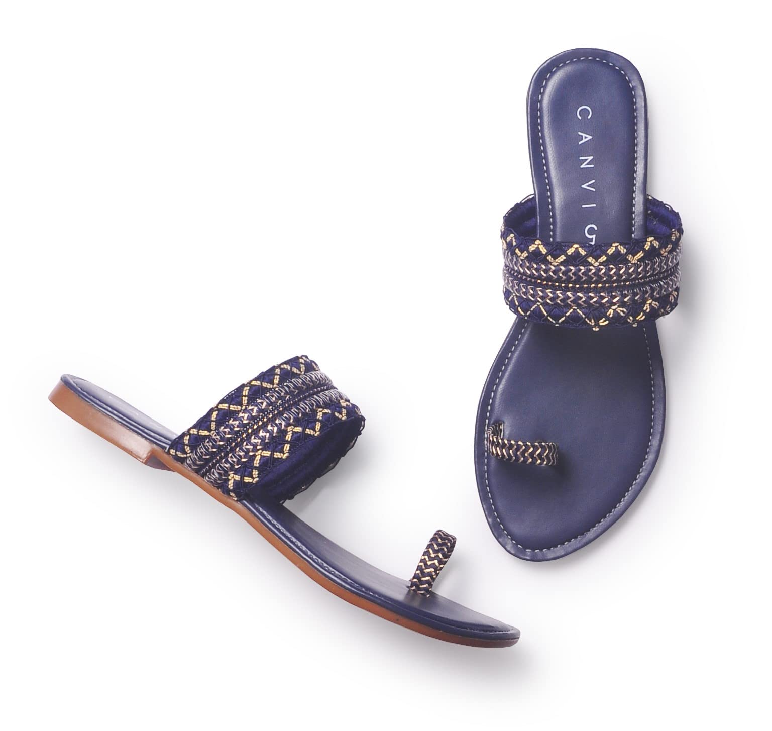CANVI Stylish | Fancy | Comfortable Womens Embroidered Slip On Flip Flop Ethnic Flats Sandals Chappal Synthetic Leather Sandals Casual Summer Beach Shoes Sandal (Blue, 4) (B0BJDSTRVL) Amazon Price History, Amazon Price Tracker