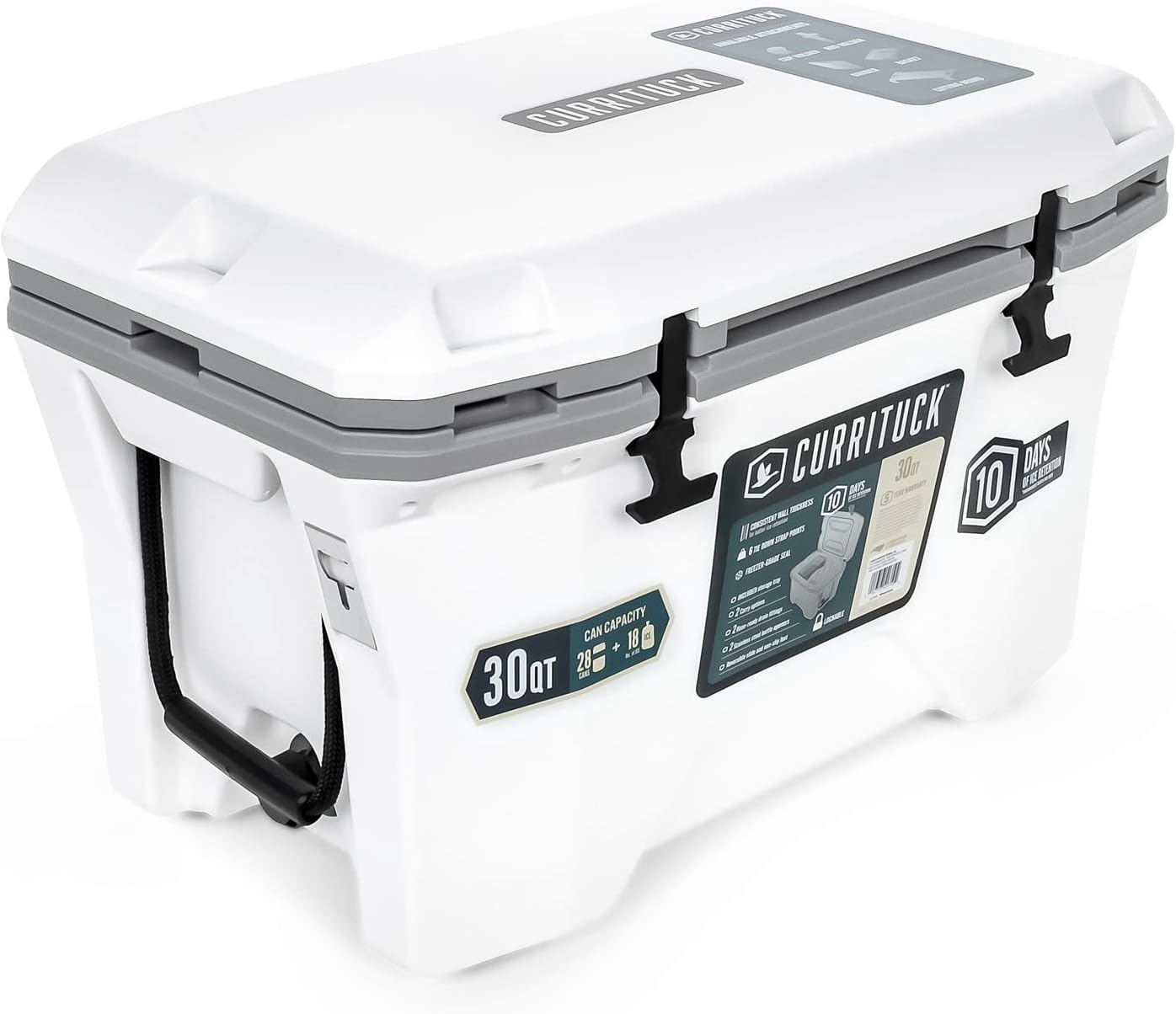 Camco Currituck White and Gray 30 Quart Cooler - Rugged Exterior Made for Camping, Hunting, Fishing and Tailgating - Comes with Cooler Basket (51710), White Exterior - Gray Interior