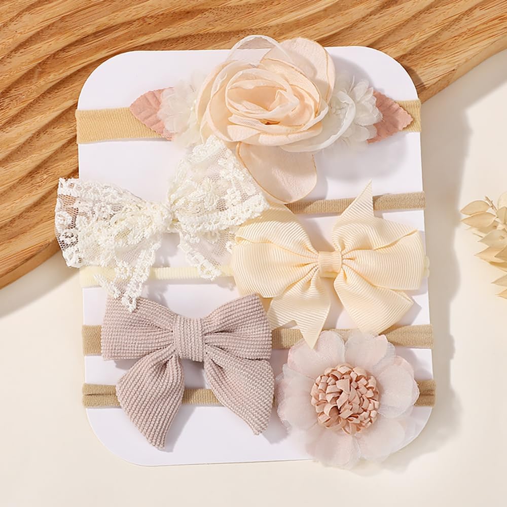 5 faixas de cabelo com laço de nylon com flores feitas à mão, laços finos, elásticos, acessórios de cabelo para mulheres jovens – bege