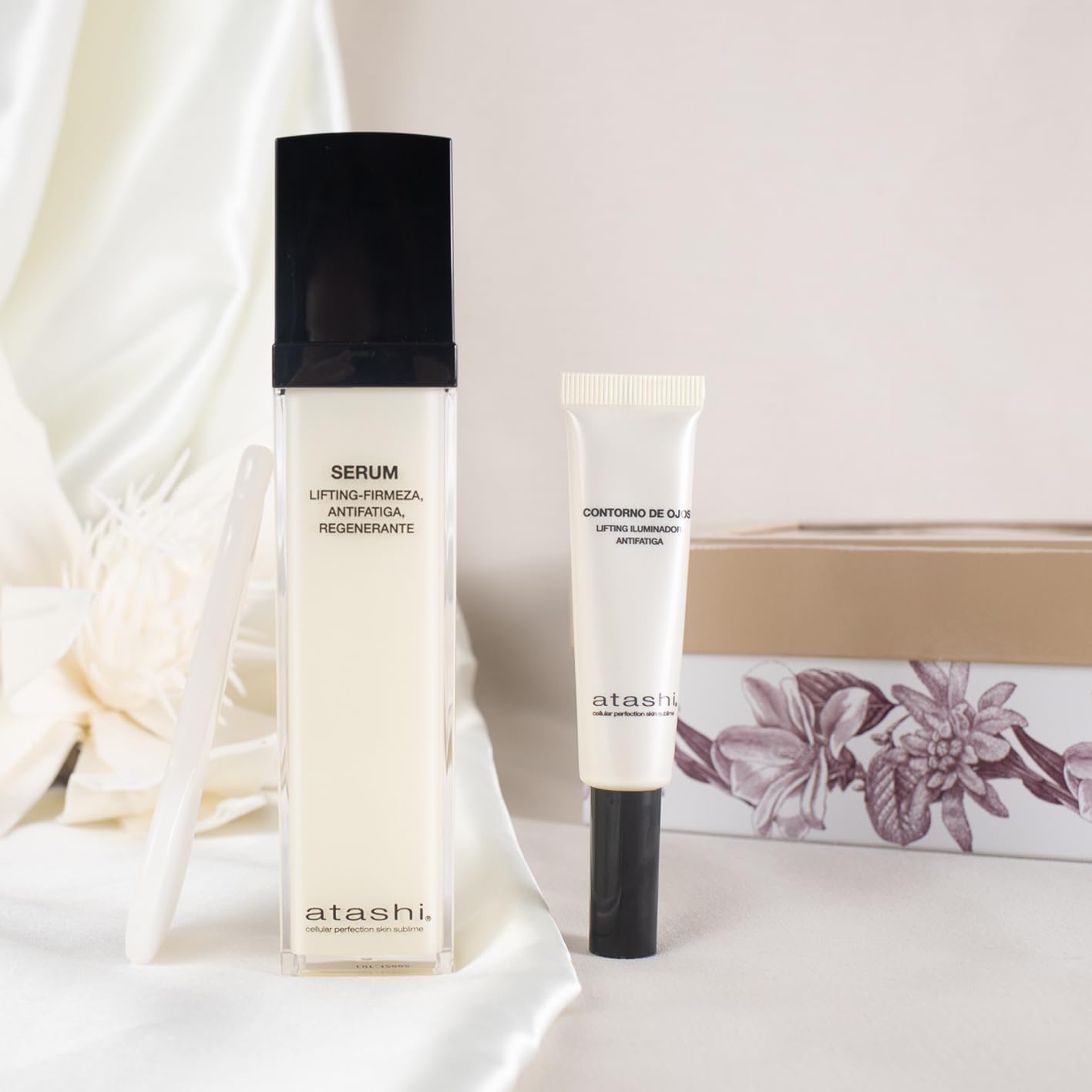 Atashi Ritual Lifting Iluminador, Serum Alta Eficacia Lifting-firmeza + Contorno de Ojos iluminador + Gua Sha Spoon, 50 ml + 15ml