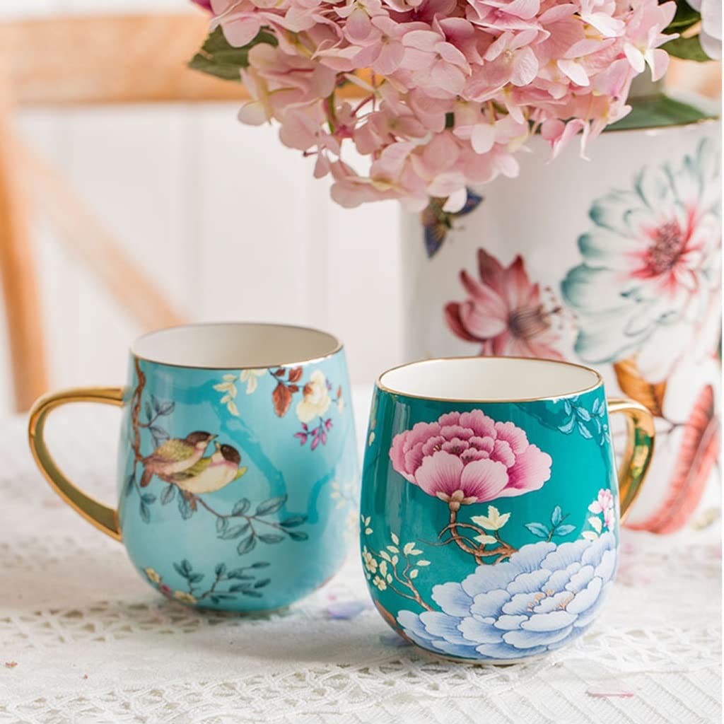 Tazze Tazza di Grande capacità Tazza in Porcellana Bone China Tazza per Acqua per Uso Domestico Tazza da caffè con Motivo Floreale Dipinto a Mano e Manico Dorato Tazza p