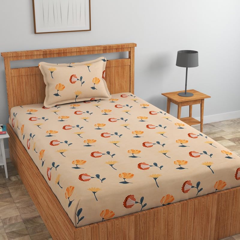 Image of NEW LEAF Pure Cotton 220 tc Flat Single Bedsheets for Summer Breathable | Wrinklefree | Super Soft (Size-60 X 90 Inch) with 1 Pillow Covers (Size-17 X 27 Inches, Floral, Almond Green