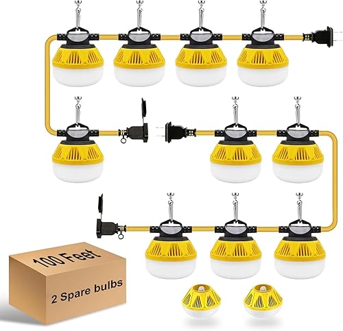 StarWorld Tira de luces de construcción de 100 pies, 10 bombillas LED de 100 W, luces de trabajo temporales LED, impermeable, 13000 lúmenes, luz de