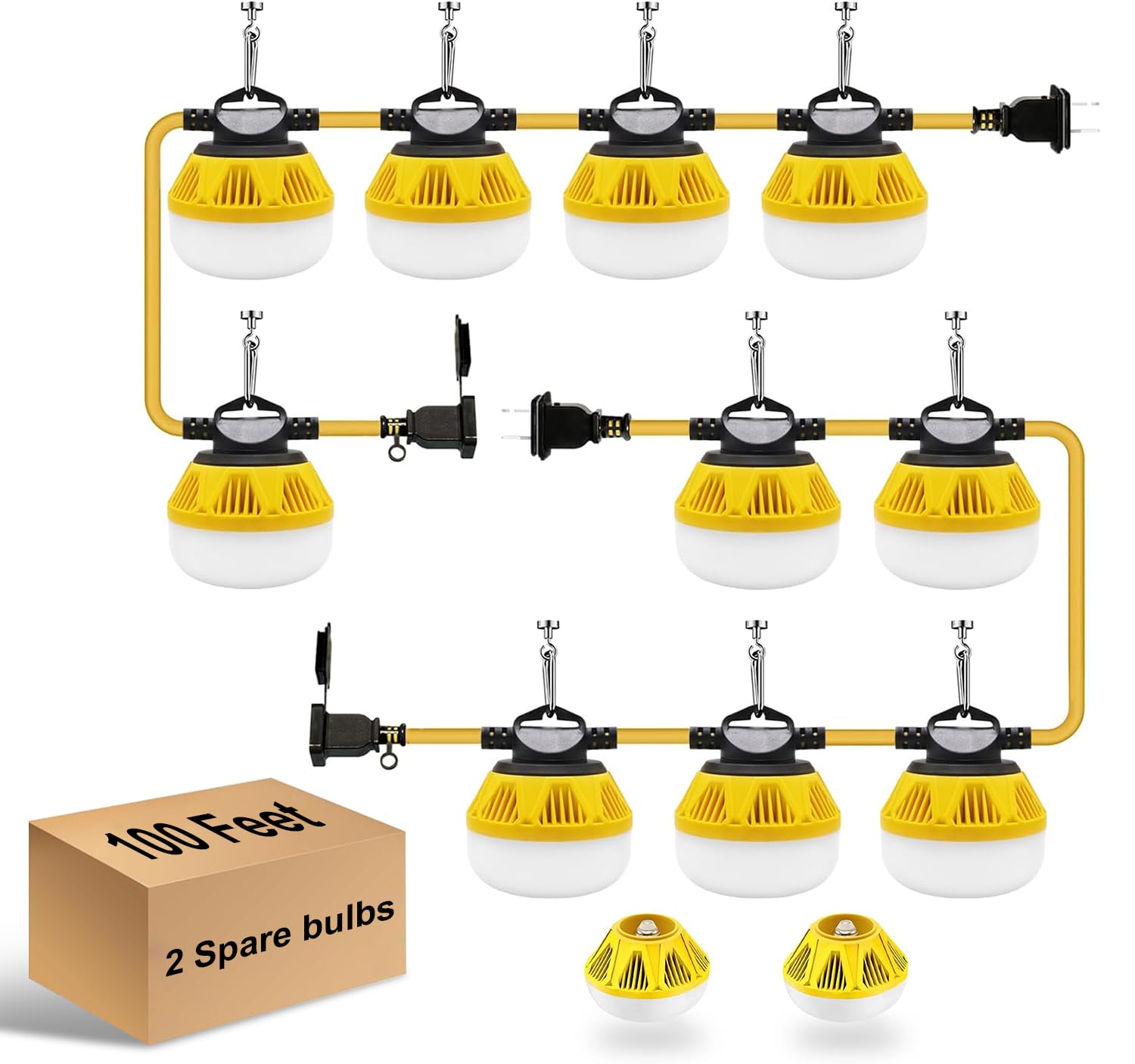 StarWorld 100FT Construction String Lights — 100W (13000LM) 5000K Linkable Jobsite & Hanging Work Lights, Temporary String Work Lights for Garage, Basement, Shipping Container, Attic, Crawl Space