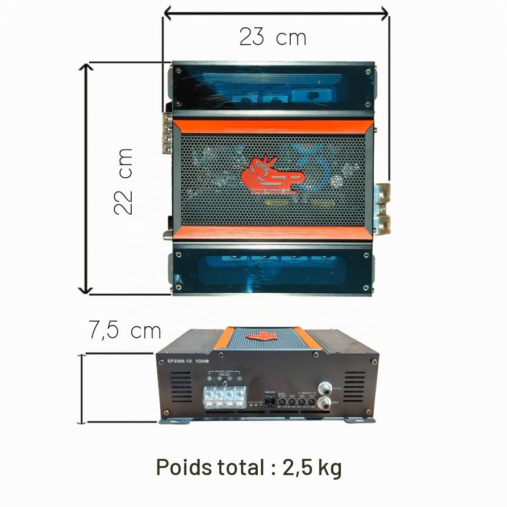 KIT SET POUR SP AUDIO SP-3500.1D 1 Amplificateur mono 1 canal 3500 watts rms à 1 ohm, classe D, amplification des basses 0-12 db, pour voiture, 1 pièce + remote et accessoires gratuits
