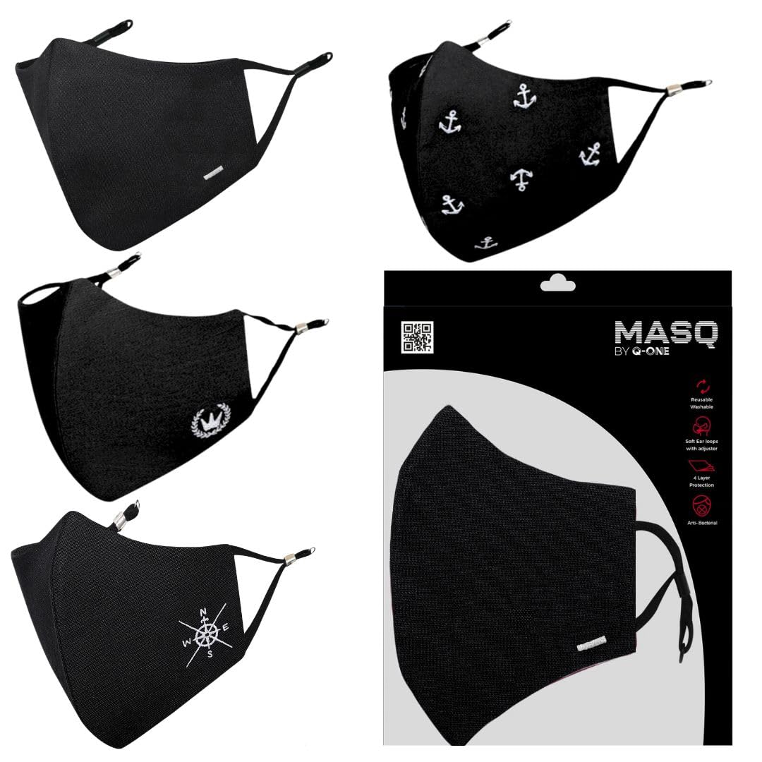 MASQ By Q-One Black 4 Layer, Reusable, with Ear Adjusters, Anti-Bacterial (BFE>99%) Cotton Cloth Face Mask for Men, Boys (4)-picture-15