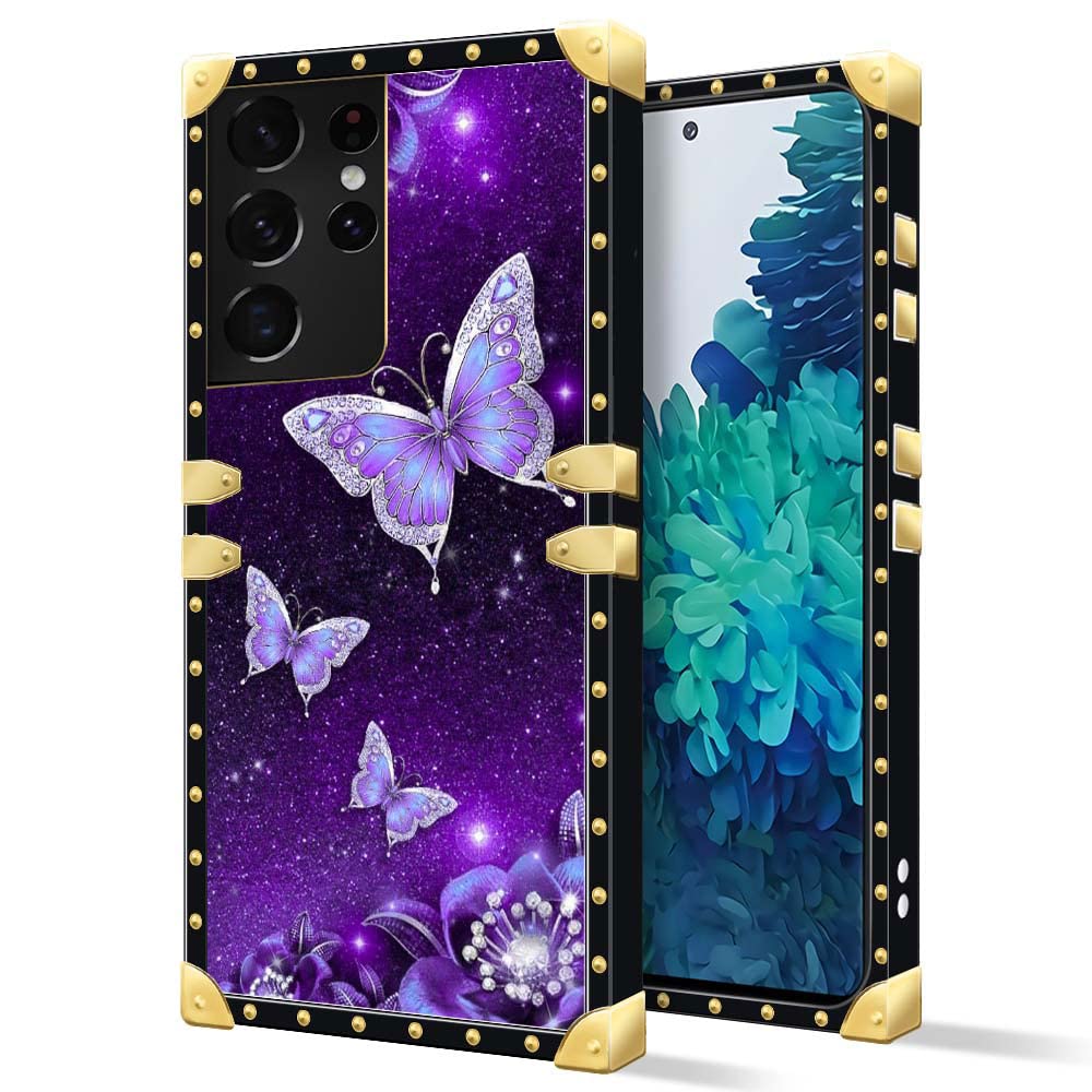 YiXinBB Compatible with Samsung Galaxy S21 Ultra Case, J Purple Abstract Butterfly A Luxury Elegant Soft TPU Shockproof Protective Metal Decoration