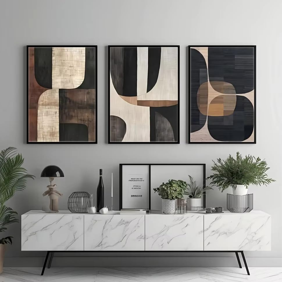 Toile encadrée beige et noire haut de gamme | Triptyque mural d'art moderne 70x90 cm