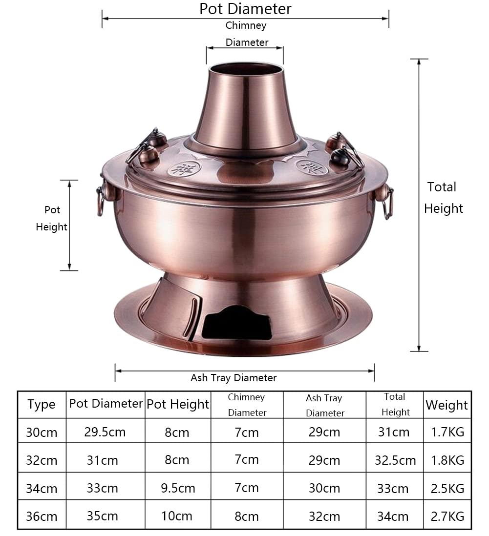 SAeWare Pentola calda cinese in rame, pentola calda in acciaio inox, pentola tradizionale cinese con camino per casa, feste, ristorante, argento, 32 cm
