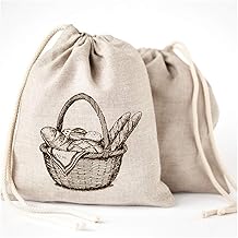 Linen Bread Bags - 3 Pack 11 x 15 Special Art Design Breathable Unbleached Linen Reusable Storage for Homemade Artisan Bread