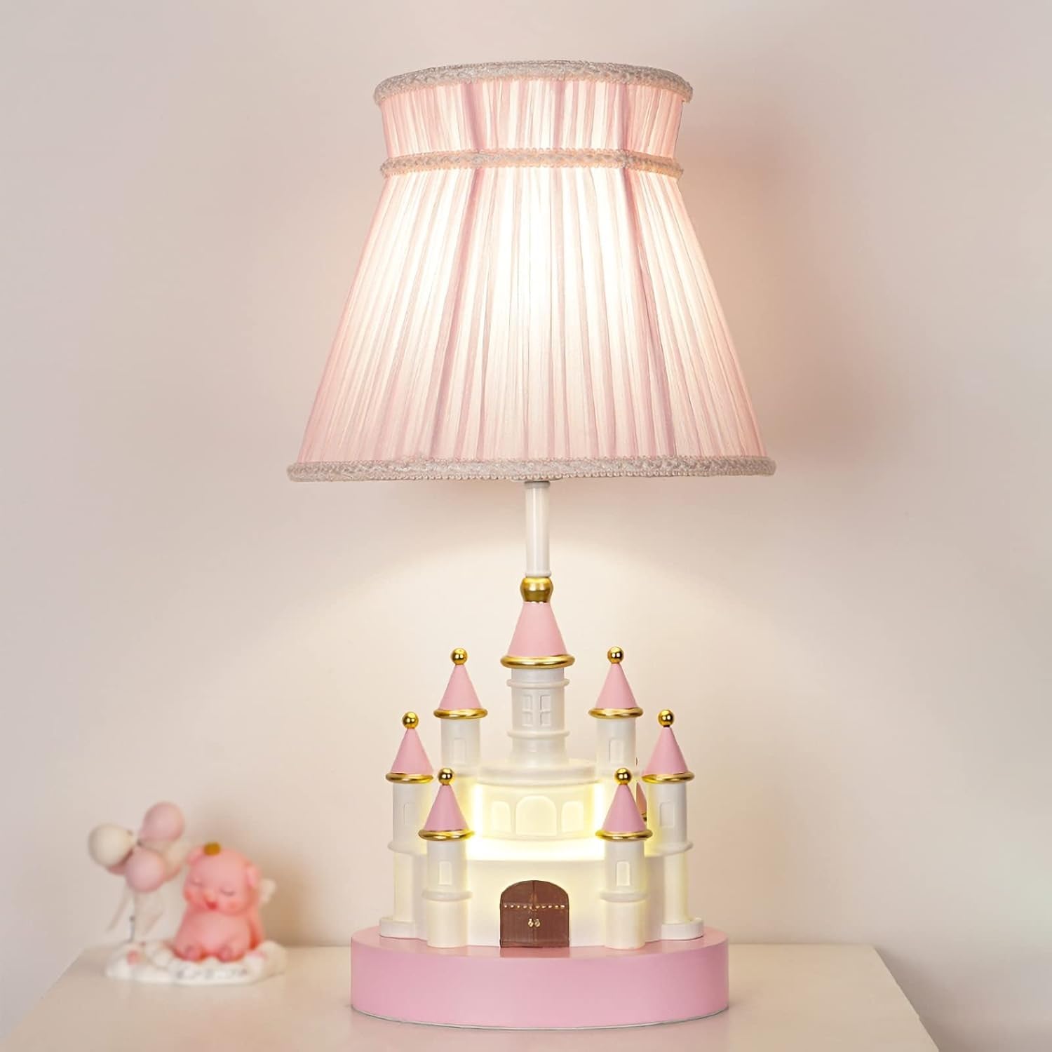 ZLKJHSHOP Cute Castle Kids Table Lamp Cartoon Pink Resin Bedside Modern Princess Castle Shape Ceramic Body with Fabric