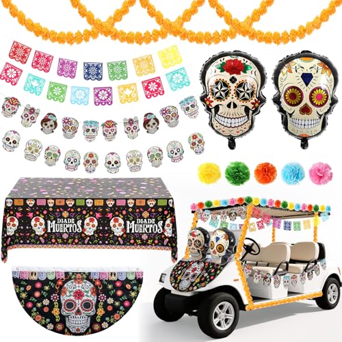 Moucuny 36 Pcs Day of The Dead Golf Cart Decoration Parade Float Mexican Dia De Los Muertos Tablecloth Colorful Skull Banner Flag Balloon Marigold Garland Wreath Flowers for Trailer Altar Fiesta Party