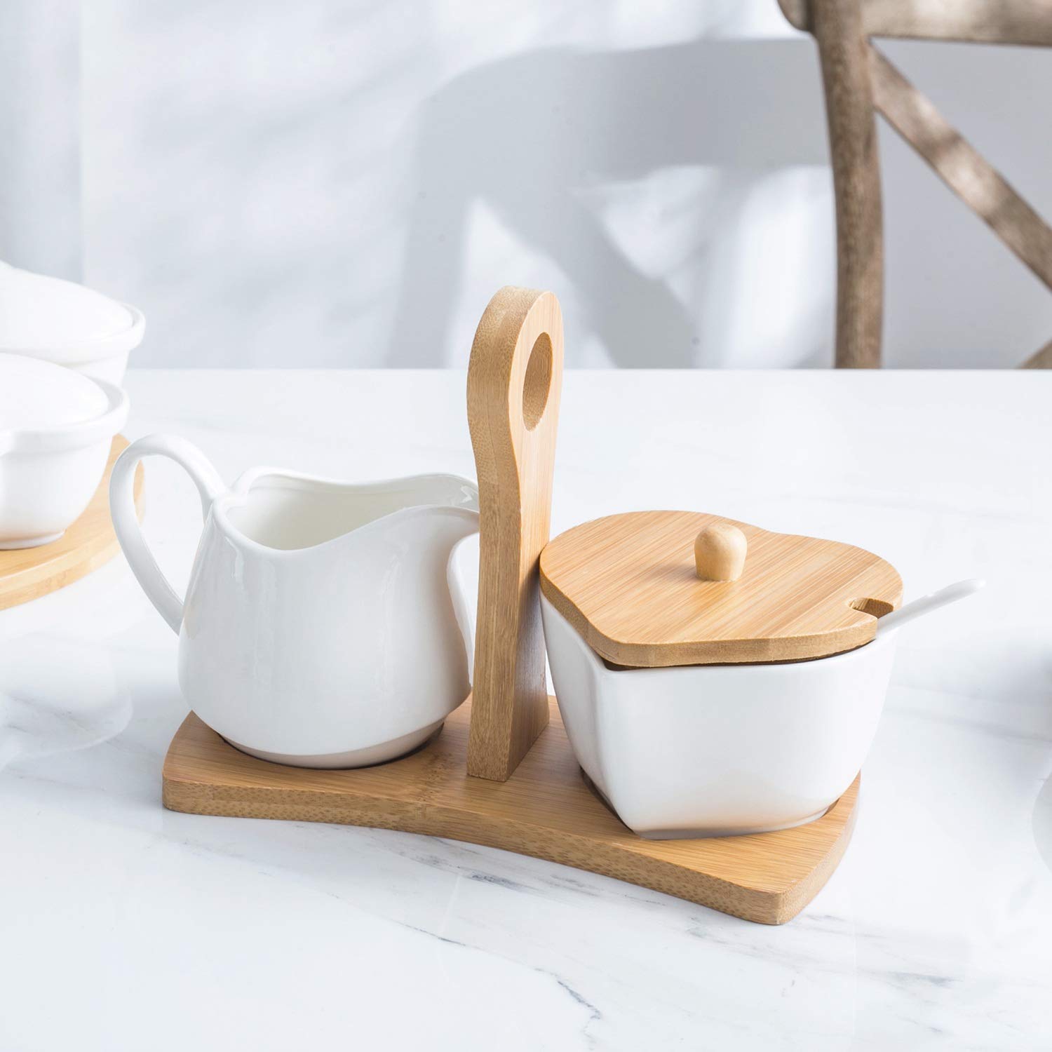 Set Zuccheriera E Lattiera con Coperchio E Cucchiaio Brocca in Ceramica per Crema E Zuccheriera con Manico in Legno Servizio da caffè.
