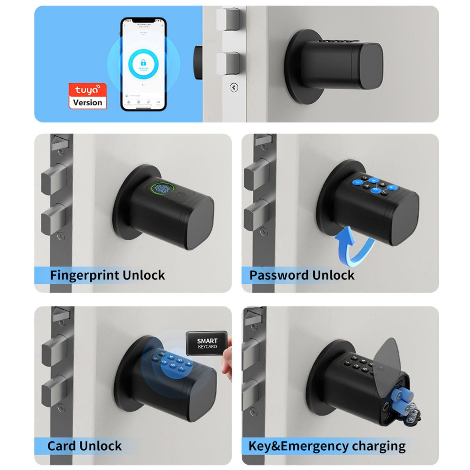 Zamek do drzwi, odcisk palca, 5 i 1 inteligentny zamek do drzwi z kodem szyfrowym, klucz RFID, elektroniczny otwieracz do drzwi, zamek do drzwi domowych, regulowany cylinder zamykający 60-90 mm, zamki
