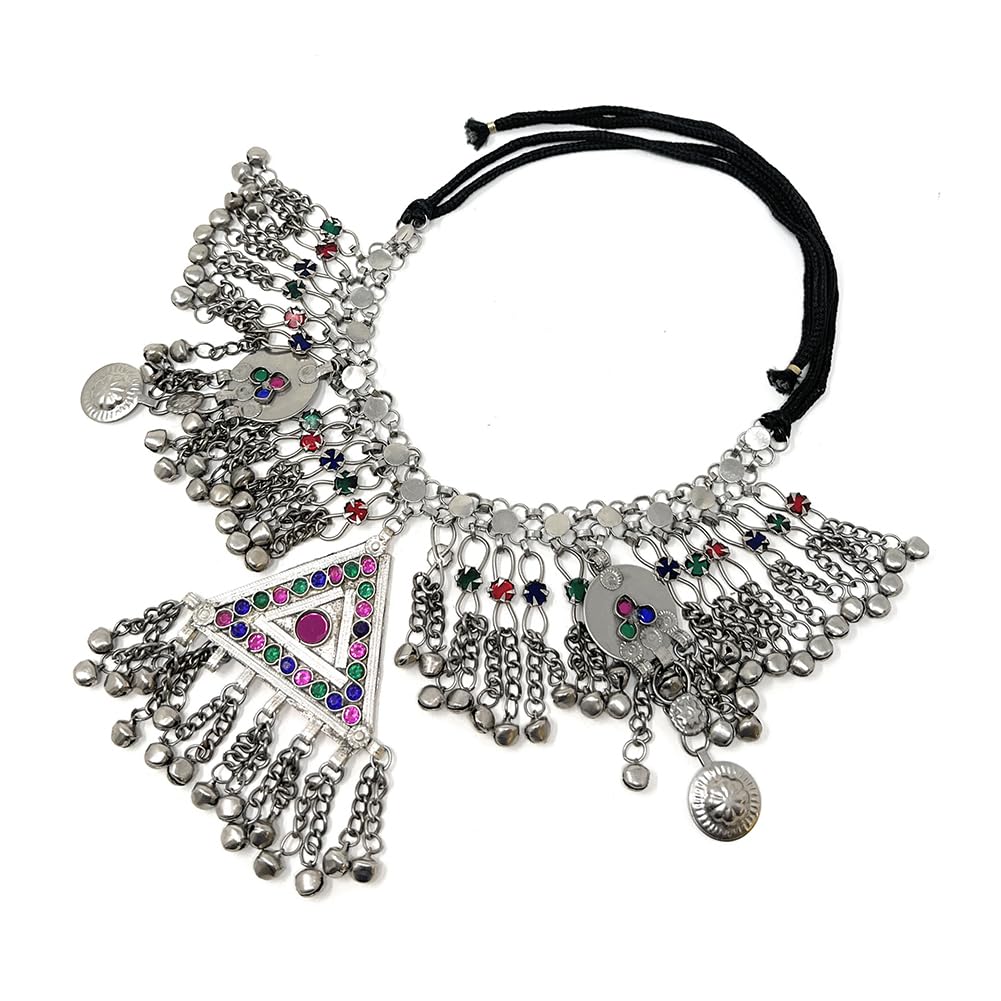 Duel On Jewel Afghan Tribal Kuchi Womens Oxidized Vintage Antique Handmade Coins Bells Statement Pendant Choker Necklace in Multicolor - Bohemian Belly Dancing Jewelry Unique Gifts Christmas Holiday