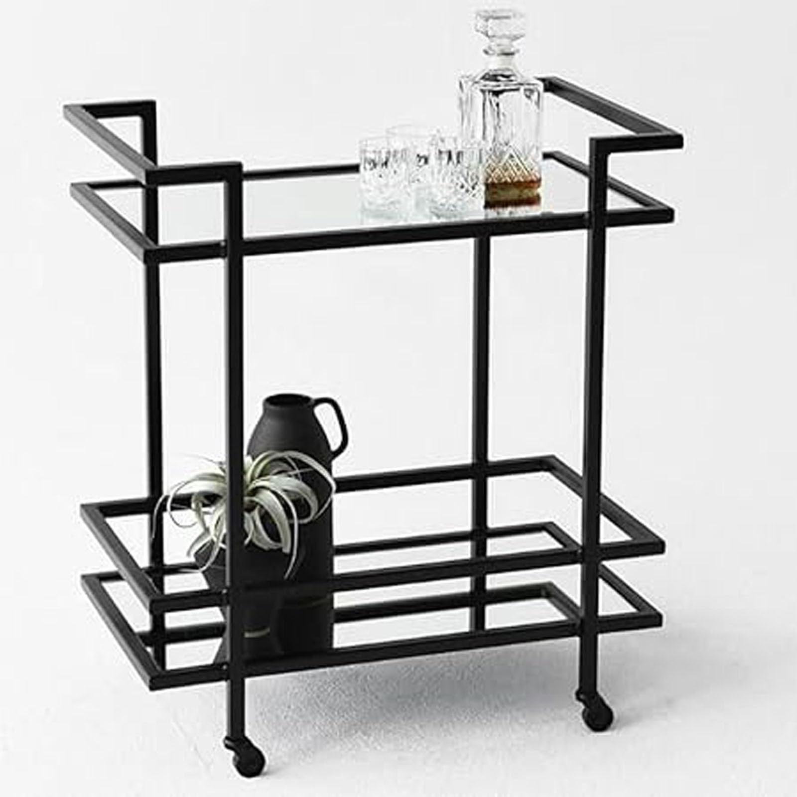 HOMETASTE Modern Metal Serving Trolley - Stylish Bar Cart with Glass Shelves & Lockable Casters - Premium Compact Multifunctional Design for Kitchen, Dining, Bar, or Living Room (Small)