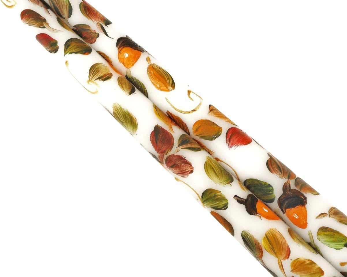Decorative Artist Hand Painted Taper Candles with Acorns and Fall Leaves Autumn Thanksgiving Original Artisan Handmade Decor Decorations
