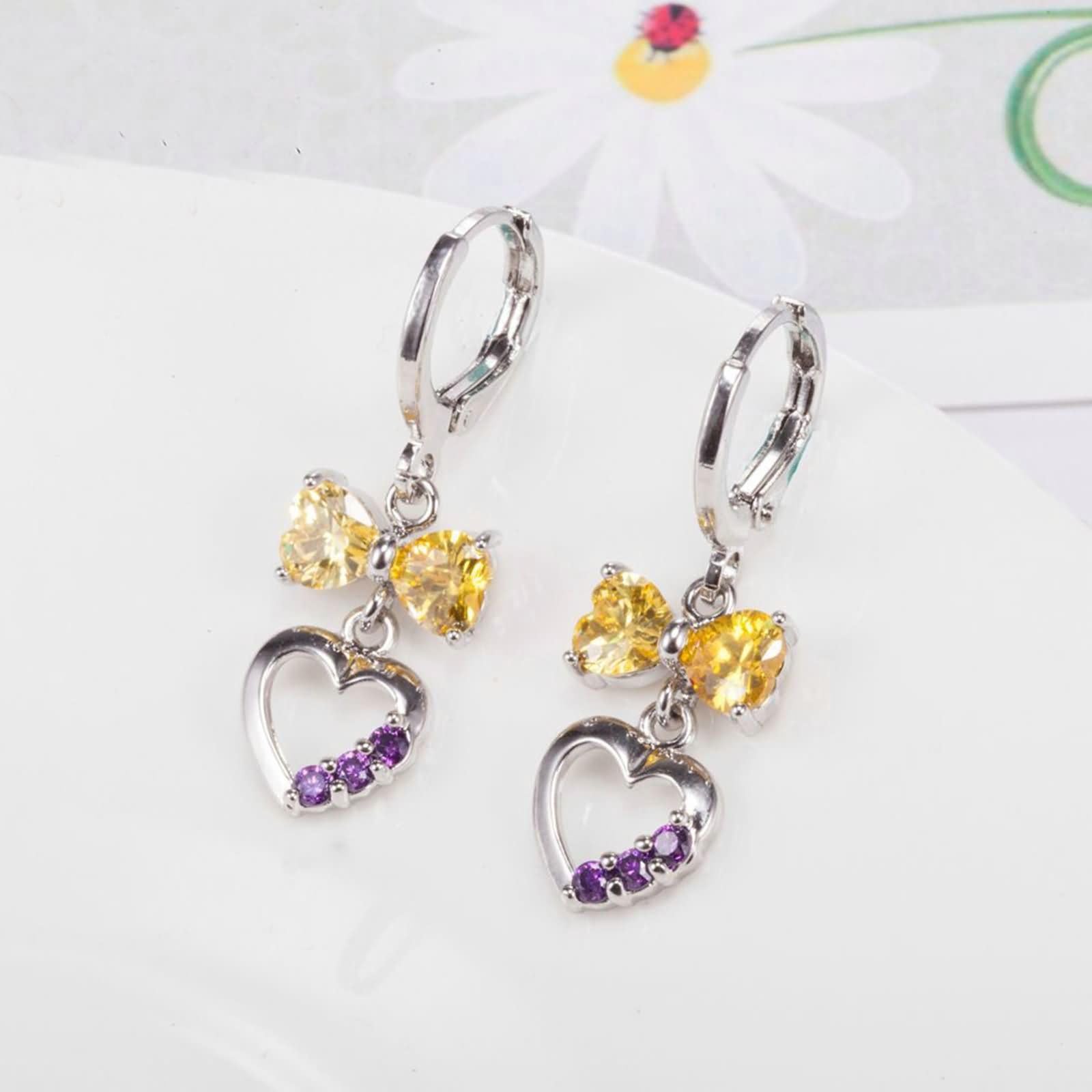 Weißgold Ohrringe Hochzeit 9K / 14K / 18 K Damen, Schleife und Hohl Herz mit Moissanit, Frauenohrringe Gold