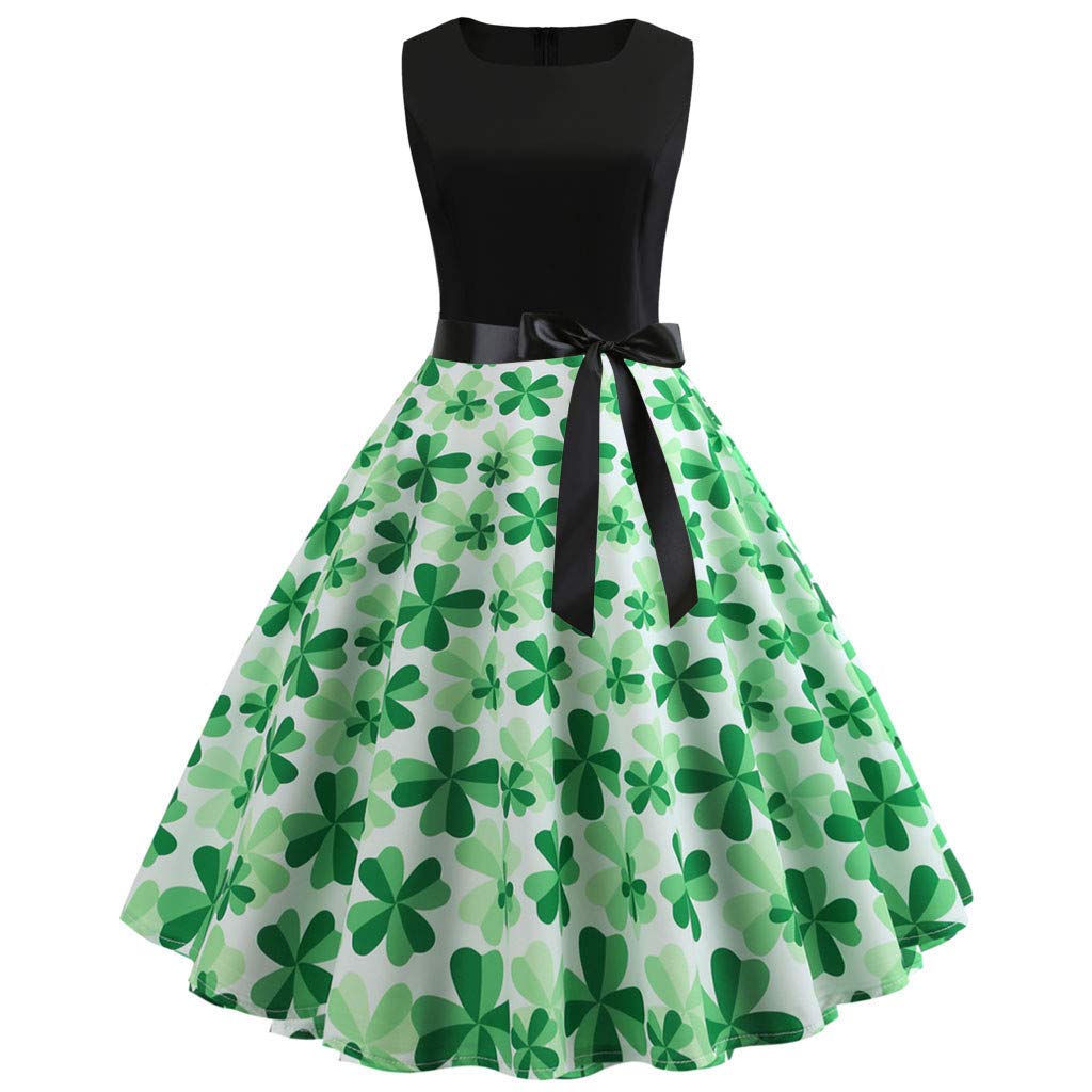 Vintage Dresses Womens St Patricks Day Costume Sleeveless Shamrock Floral  Evening Prom Swing Dress Ball Gown Skirt Sleeveless Casual Party Rockabilly