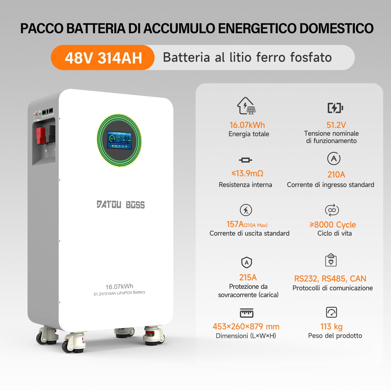 DATOUBOSS Batteria LiFePO4 48V 314Ah 16,07kWh Ciclo Profondo, BMS 200A Integrato Schermo LCD, RS485/CAN, Accumulo Solare per Casa, Impianti Solari, Camper Off-Grid