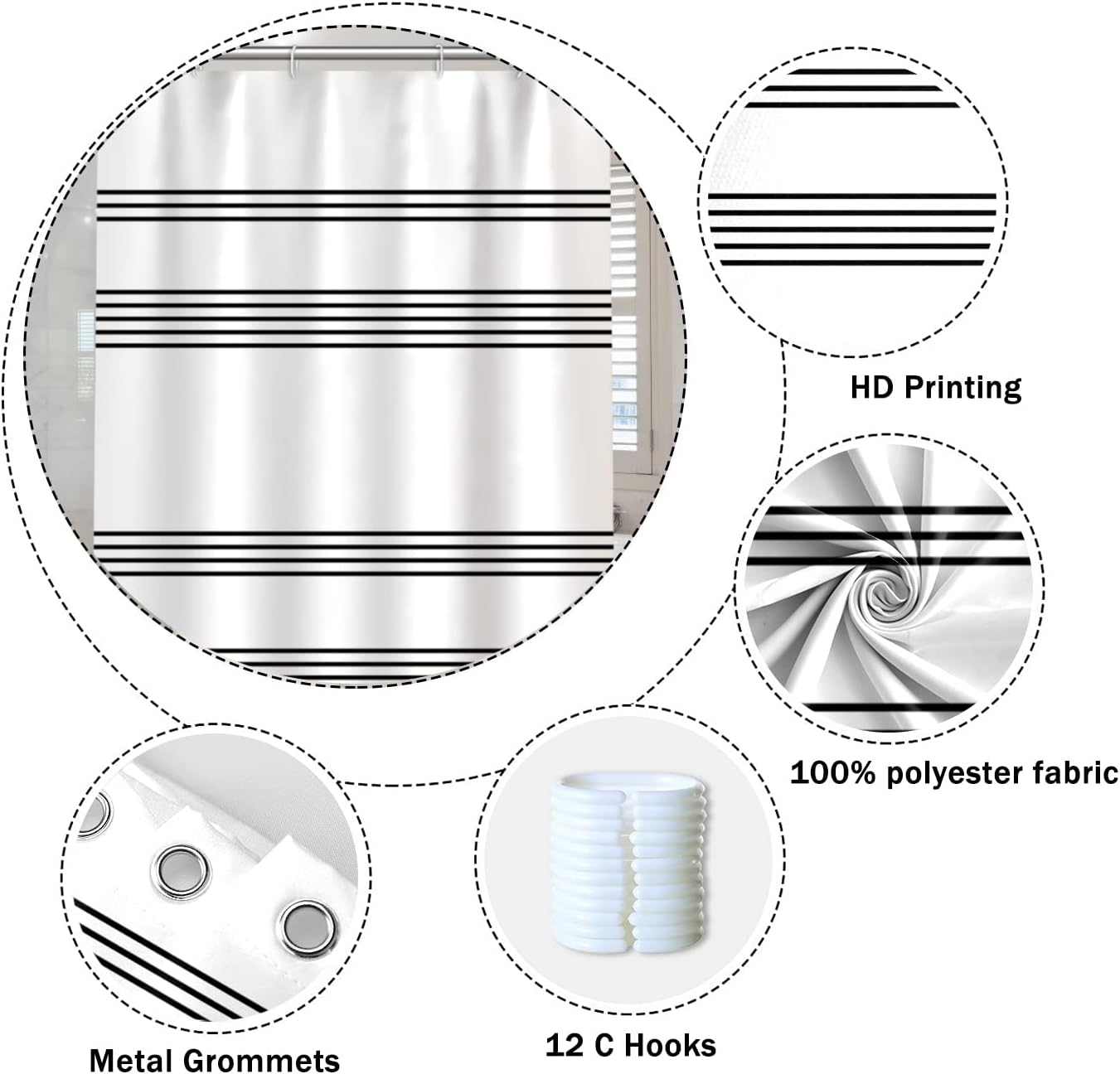 Black and White Bathroom Shower Curtain Abstract Stripes Geometric Lines Pattern Shower Curtain Polyester Waterproof Modern Minimalist Home Decor Bath Shower Curtain with Hooks, 72x72 Inch