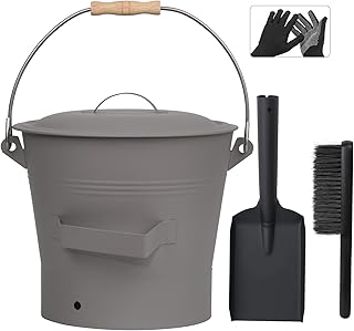 BRIAN & DANY Ash Bucket with Lid, 2.6 Gallon Fireplace Ash Bucket with Shovel and Hand Broom, Metal Bucket for Fireplace, Fire Pit, Wood Burning Stove, Gray