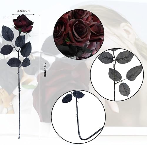 Miniatura 6 de Artificial Roses Flowers, 12 Pcs Fake Burgundy Rose in Bulk, Long Stem Realistic Silk Roses Bouquet for Halloween Decoration, Fall Home Decor,