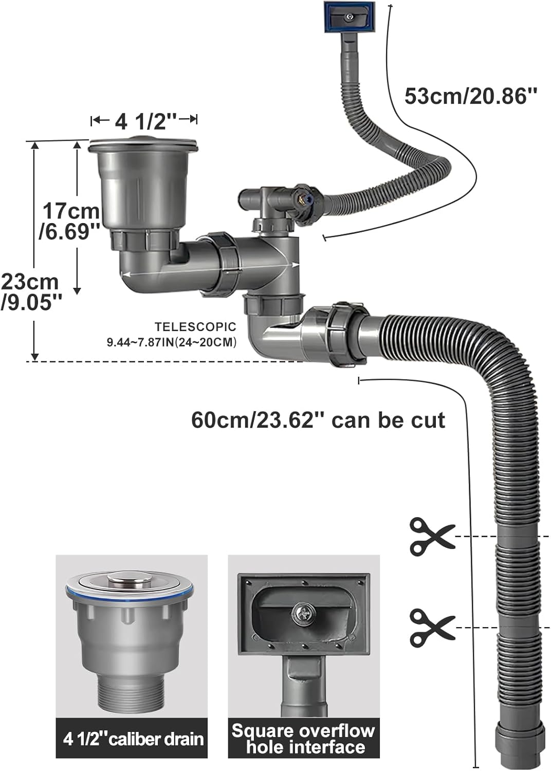 Kitchen Single Sink Drain Kit Space Saving Flexible Pipe 1 1/2" P-Trap with 3-1/2 Inch Sink Drain Assembly Kit 304 Stainless Steel