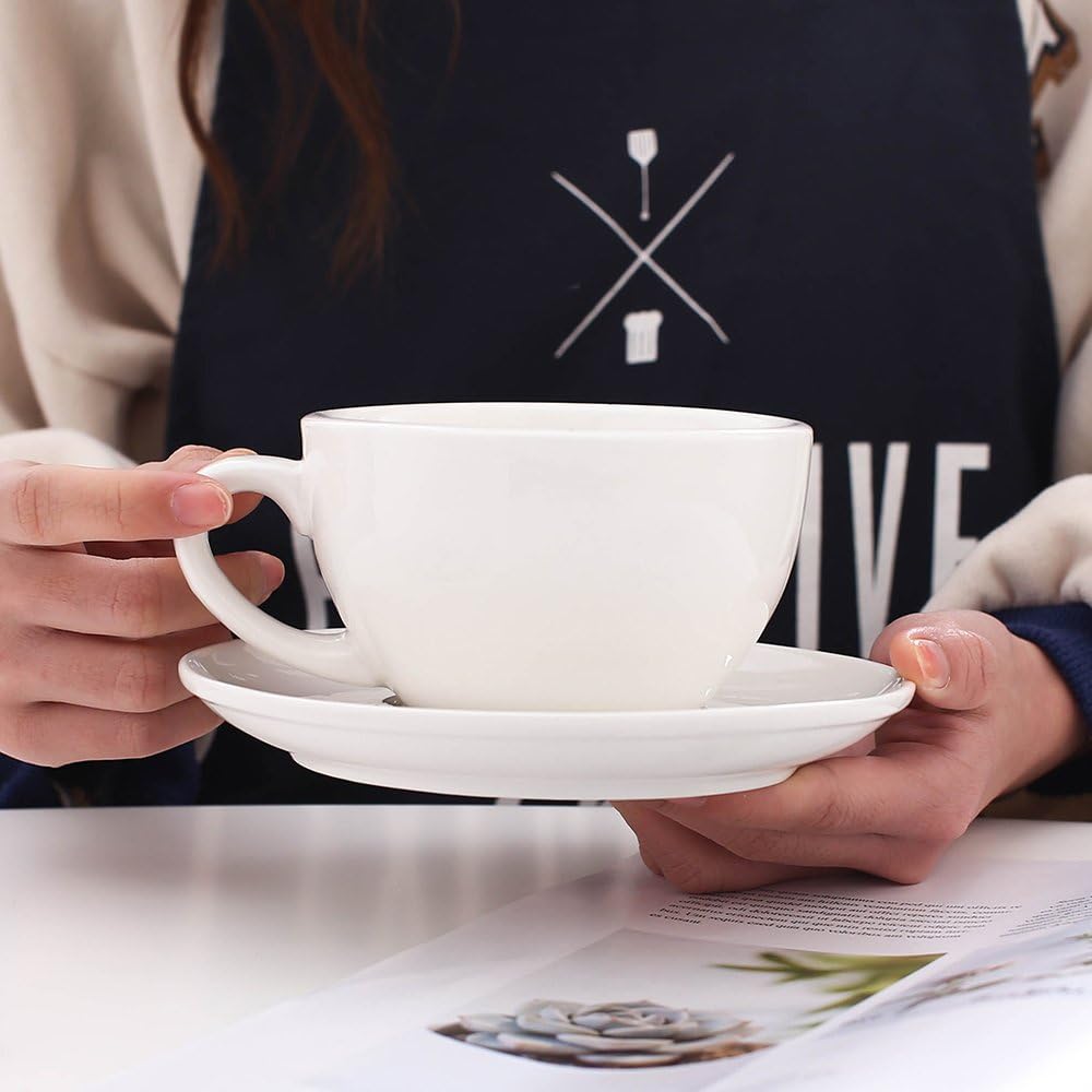 Coffeezone Latte Art Ceramic Cup and Saucer Cappuccino Fine Porcelain, Mate for Coffee Shop and Barista (Glossy White, 10.5 oz)