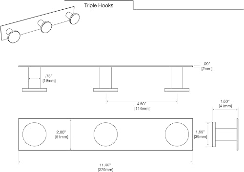 Miniatura 4 de Gatco 1288B Glam All Modern Decor Triple Hook, latón cepillado montado en la pared, estante de 3 ganchos, longitud total 11 pulgadas