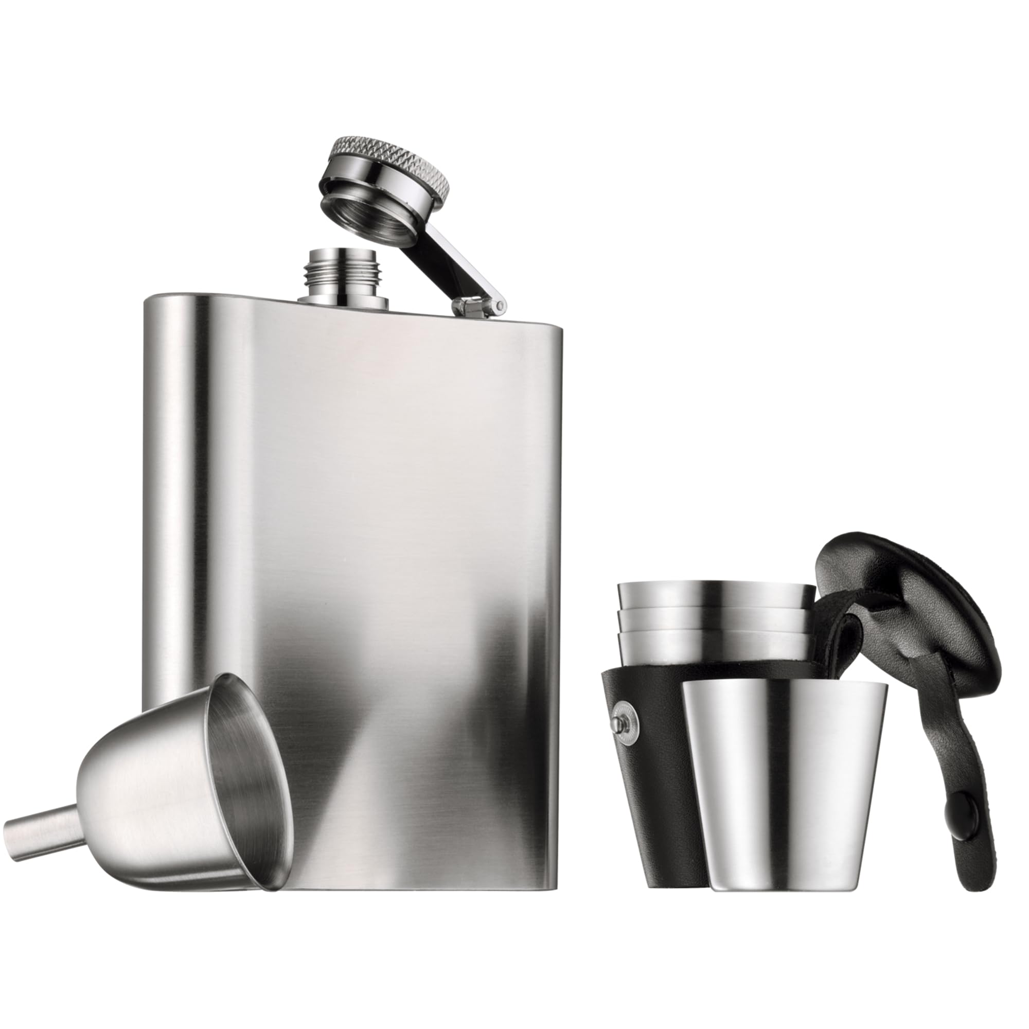 WMF Manhattan - Petaca de Acero Inoxidable 6 Piezas, Petaca de 200 ml, Embudo, estampador en estuche de cuero, Acero Inoxidable Cromargan Mate