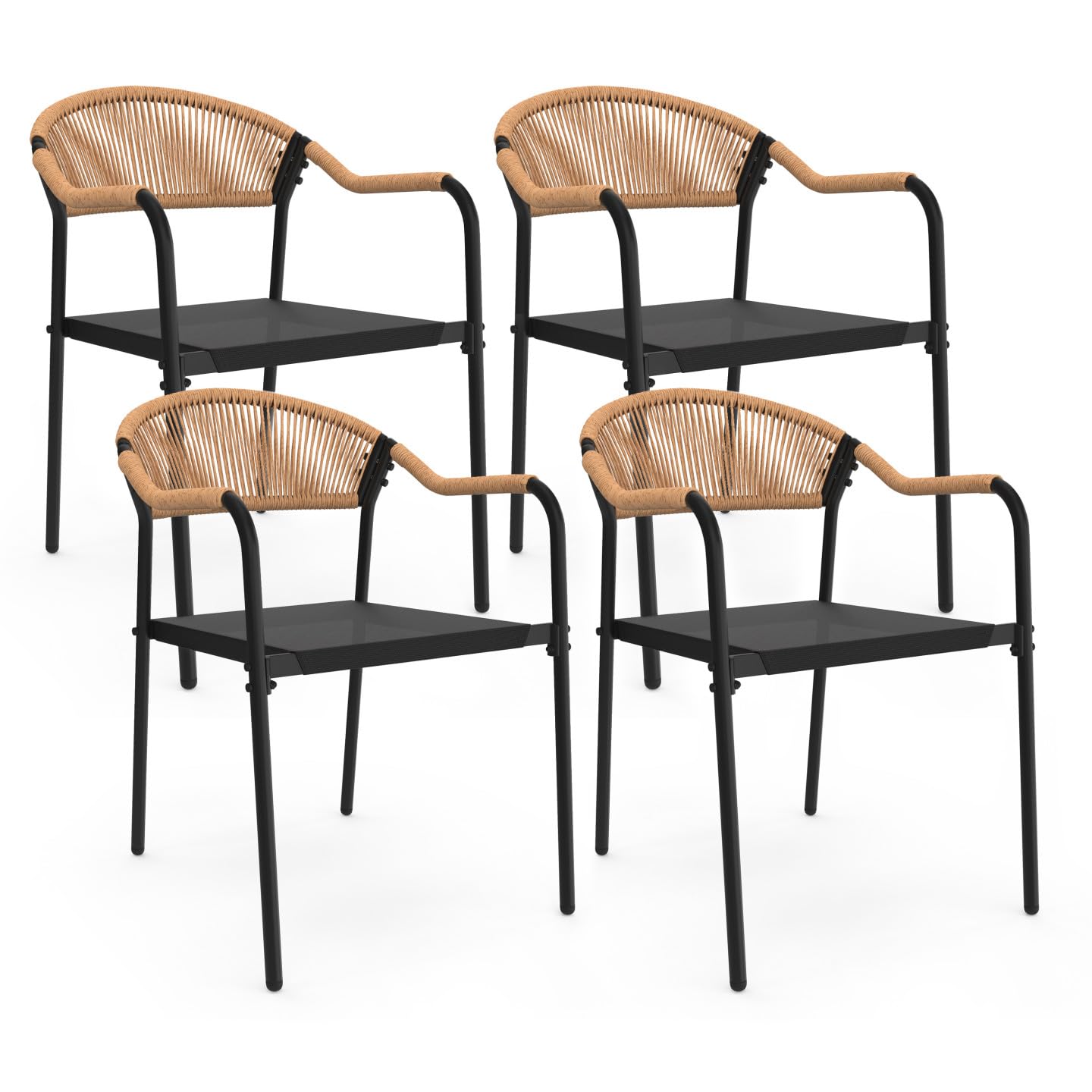 IDMarket - Lot de 4 chaises de Jardin Madeira métal, Cordage et textilène Noir et rotin Clair