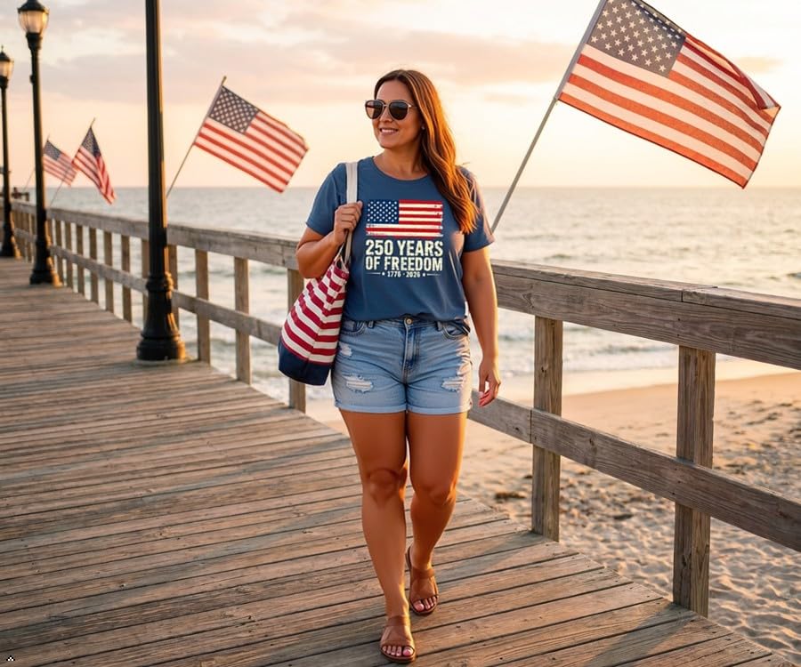 Image of ForHailey Women's 4th of July Patriotic Shirts Graphic Tees USA Shirt American Flag Short Sleeve Tunic Tops