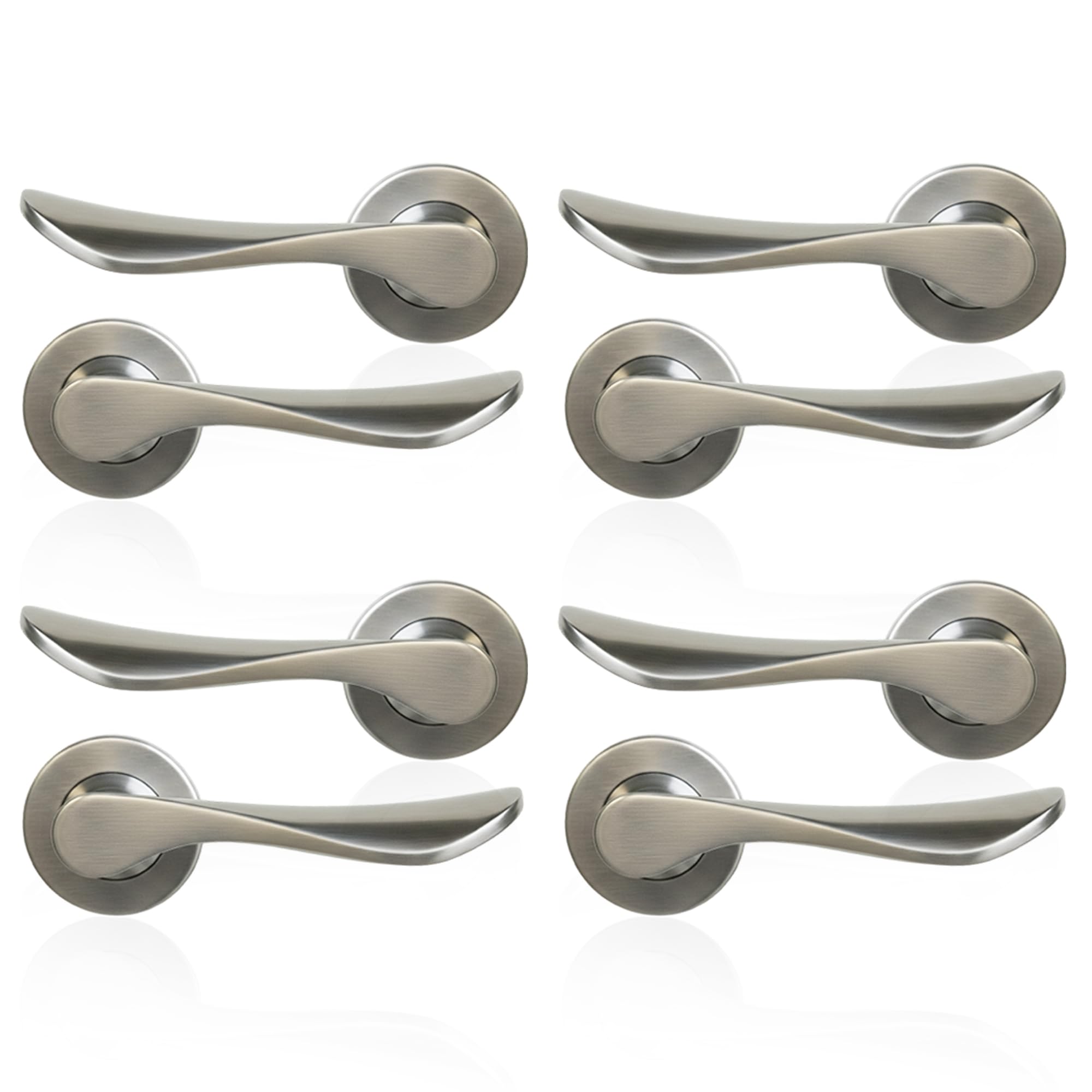MSC 4 Set Rose Round Brushed Chrome Door Handles – Pair of Brushed Steel Internal Door Handles on Round Rose, Modern Satin Finish, 125mm Lever, 54mm, Includes Fittings