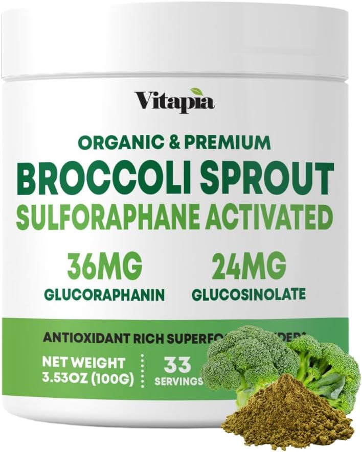 Organic Broccoli Sprout Powder for Sulforaphane, Antioxidant, Brain, Skin, Heart Health Support - 100g Powder Supplement & 33 Day Supply - Non-GMO, Gluten-Free, Vegan-Friendly