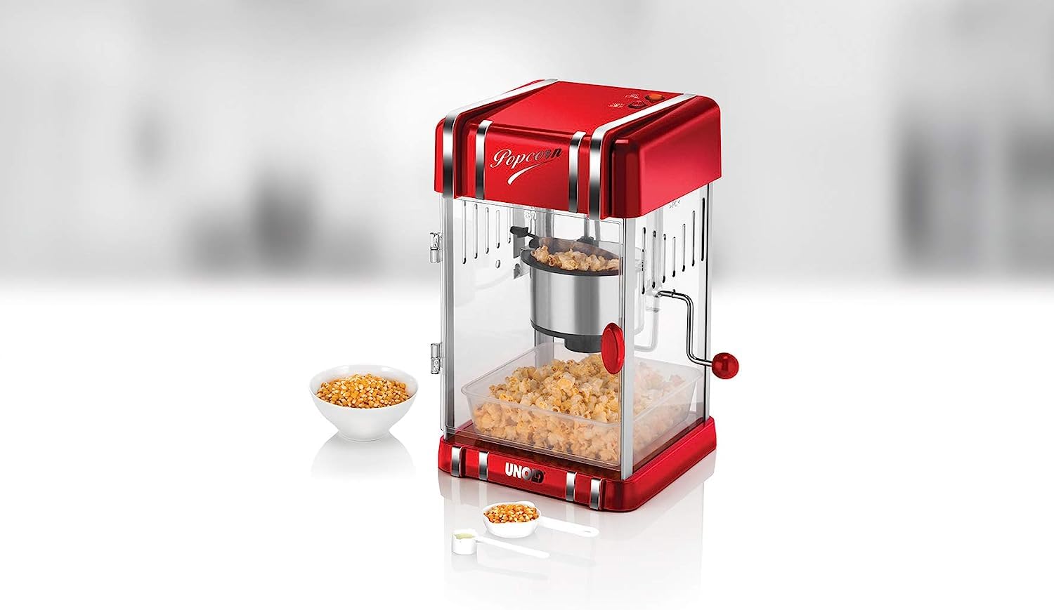 UNOLD 48535 POPCORNMAKER Retro - 300 W, Antihaftbeschichteter Edelstahl-Topf, Popcorn wie im Kino, Innenraumbeleuchtung, BPA-frei, Warmhaltefunktion, für Filmabende/Movienight, fettarm