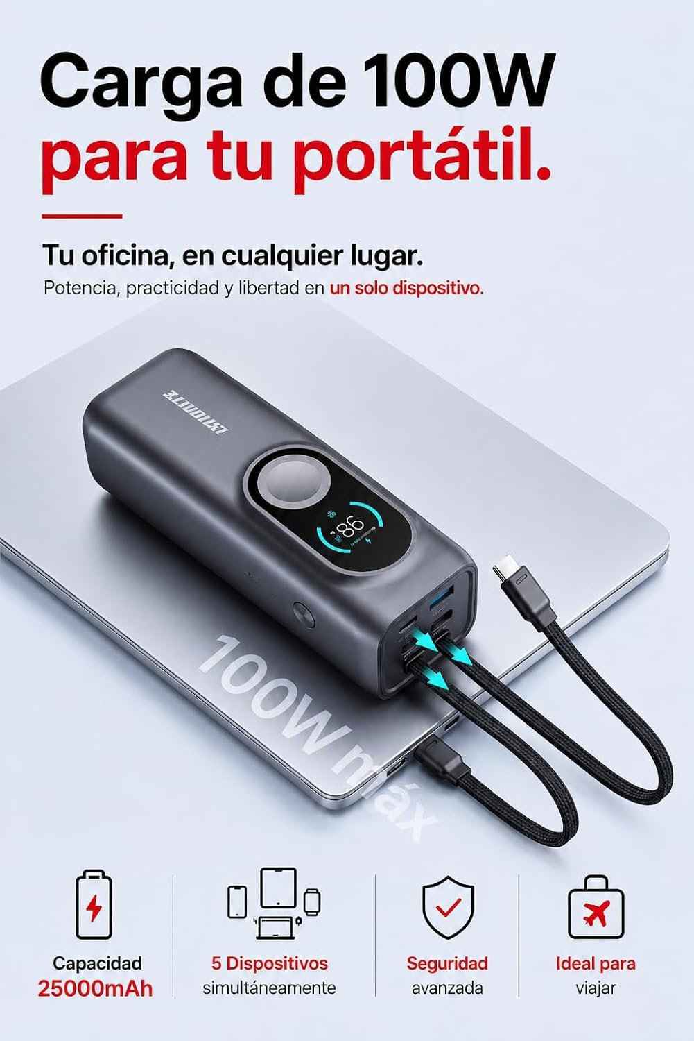 LITIONITE Numo Power Bank 25000mAh 170W con Cables USB-C Integrados (100W) y Carga magnética para Apple Watch, batería Externa para Ordenador portátil y MacBook, iPhone, iPad y Nintendo Switch