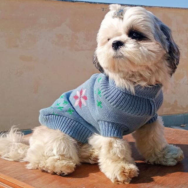 Image of Lulala Turtleneck Dog Sweater - Winter Coat Apparel Classic Cable Knit Clothes with Leash Hole for Cold Weather, Ideal Gift for Pet (Blue, 8 Inch)