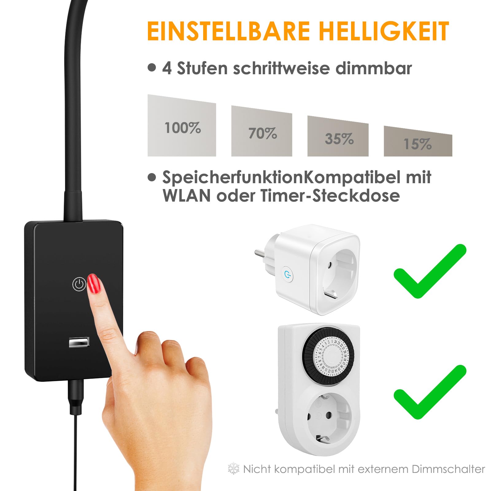 ENUOTEK Leselampe Bett Wandmontage, Touch Dimmbar LED Leseleuchte, Wandleuchte Bettlampe mit Schalter, Schwanenhals Leselicht mit 2A USB Ladeanschluss, 4 Helligkeitsstufen Wandlampe Buchlampe, 4000K