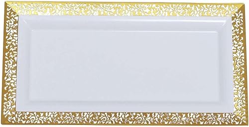 Miniatura 7 de Efavormart - Paquete de 4 bandejas rectangulares de plástico con estampado de encaje dorado de 14 pulgadas y color blanco