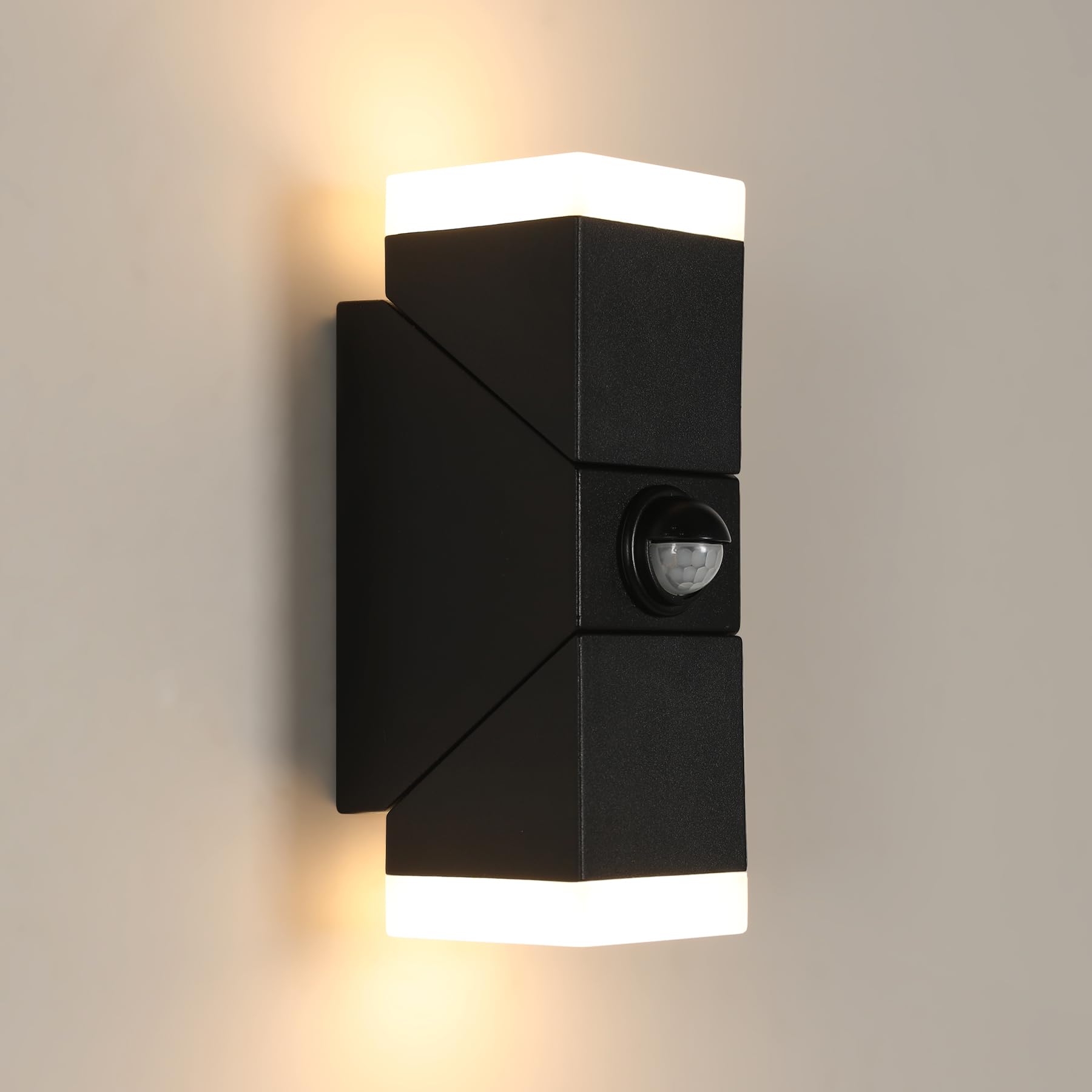 Apliques Pared Exterior IP65 con Sensor de Movimiento, 3000K, Aplique Exterior de Aluminio, Ángulo de Haz Ajustable 340°, Tiempo Ajustable de Luz Cálida Blanca, Lámpara Exterior Pared – Negro