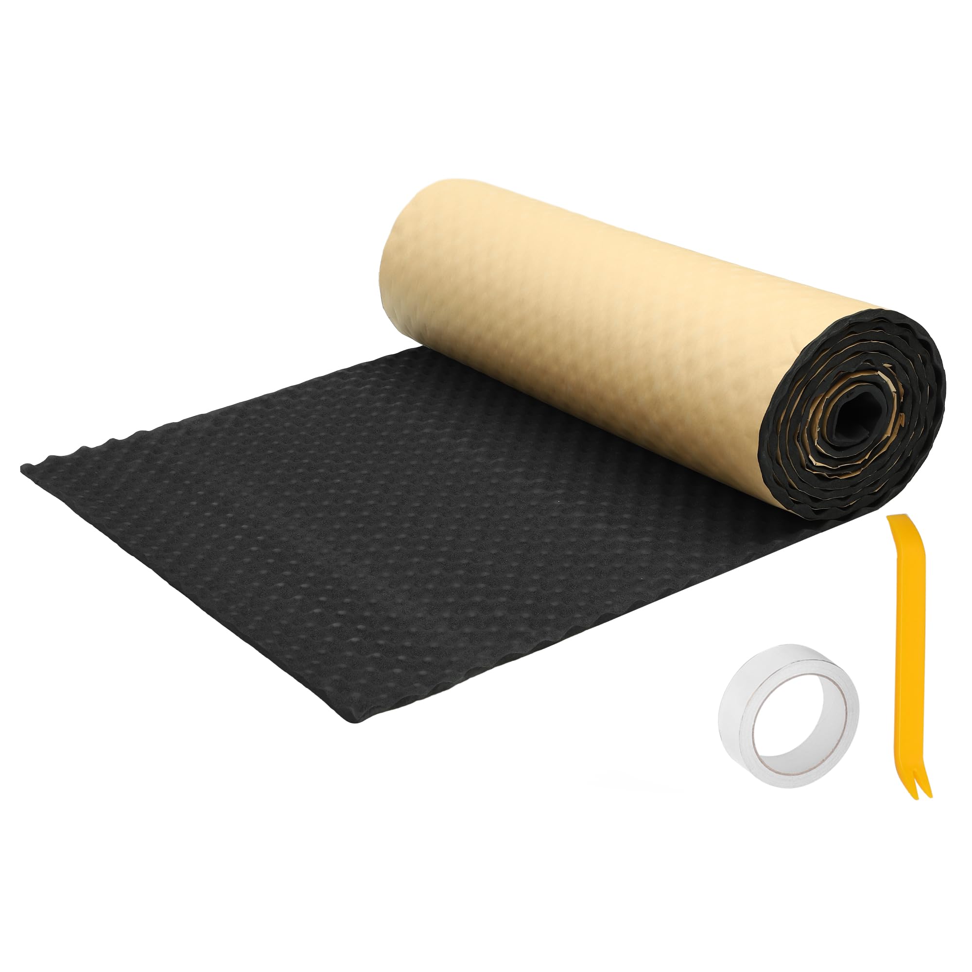 X AUTOHAUX 1 Set 78-394mil 2-10mm 26.91sqft Car Sound Deadening Mat with Foil Tape Removal Tool Wave Foam for Hood Fender 19.69"x196.85"
