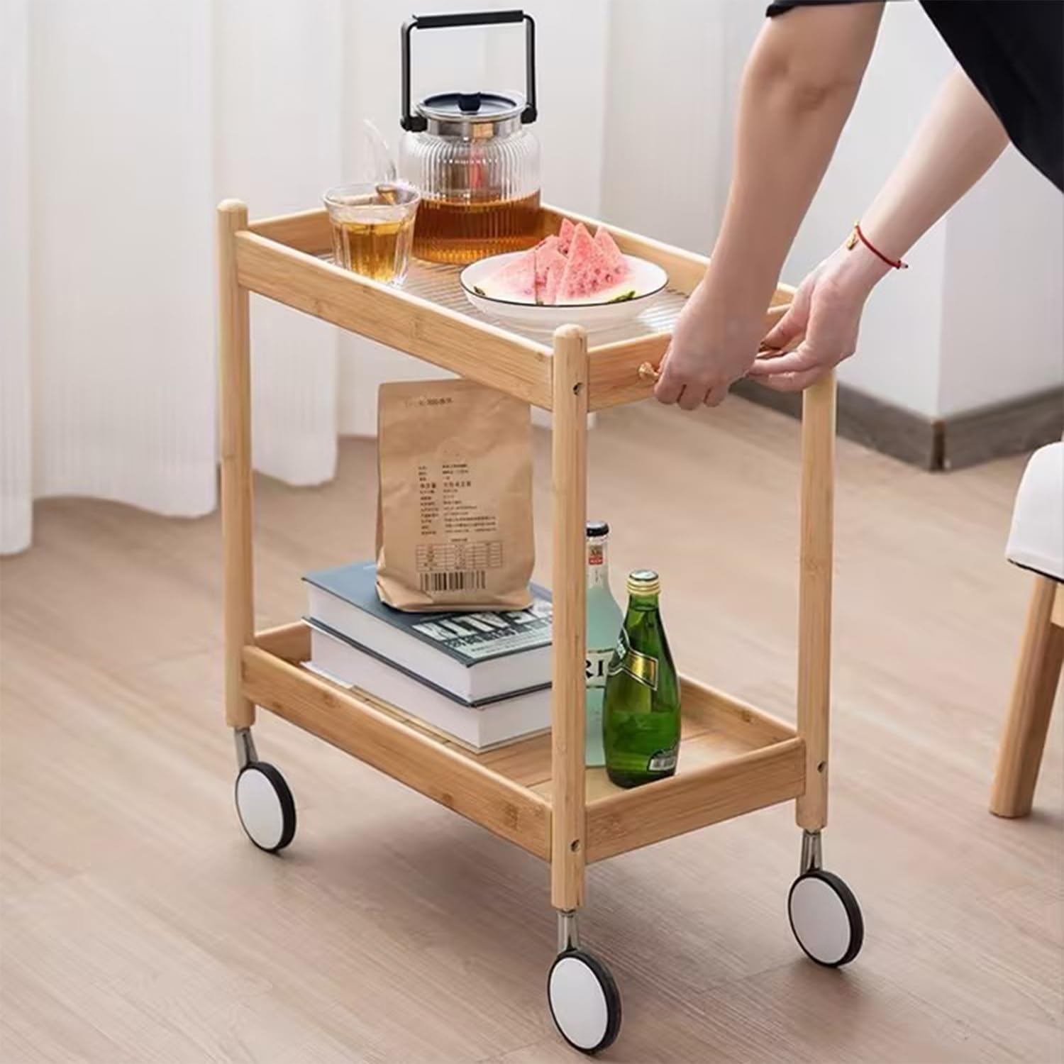 Bamboo End Table with Wheels, Rolling Utility Storage Organizer Boho 2 Tier Side Table with Glass Top, Bedside Table for Small Spaces, Night Stand Coffee Table for Home, Living Room (Modern Style)