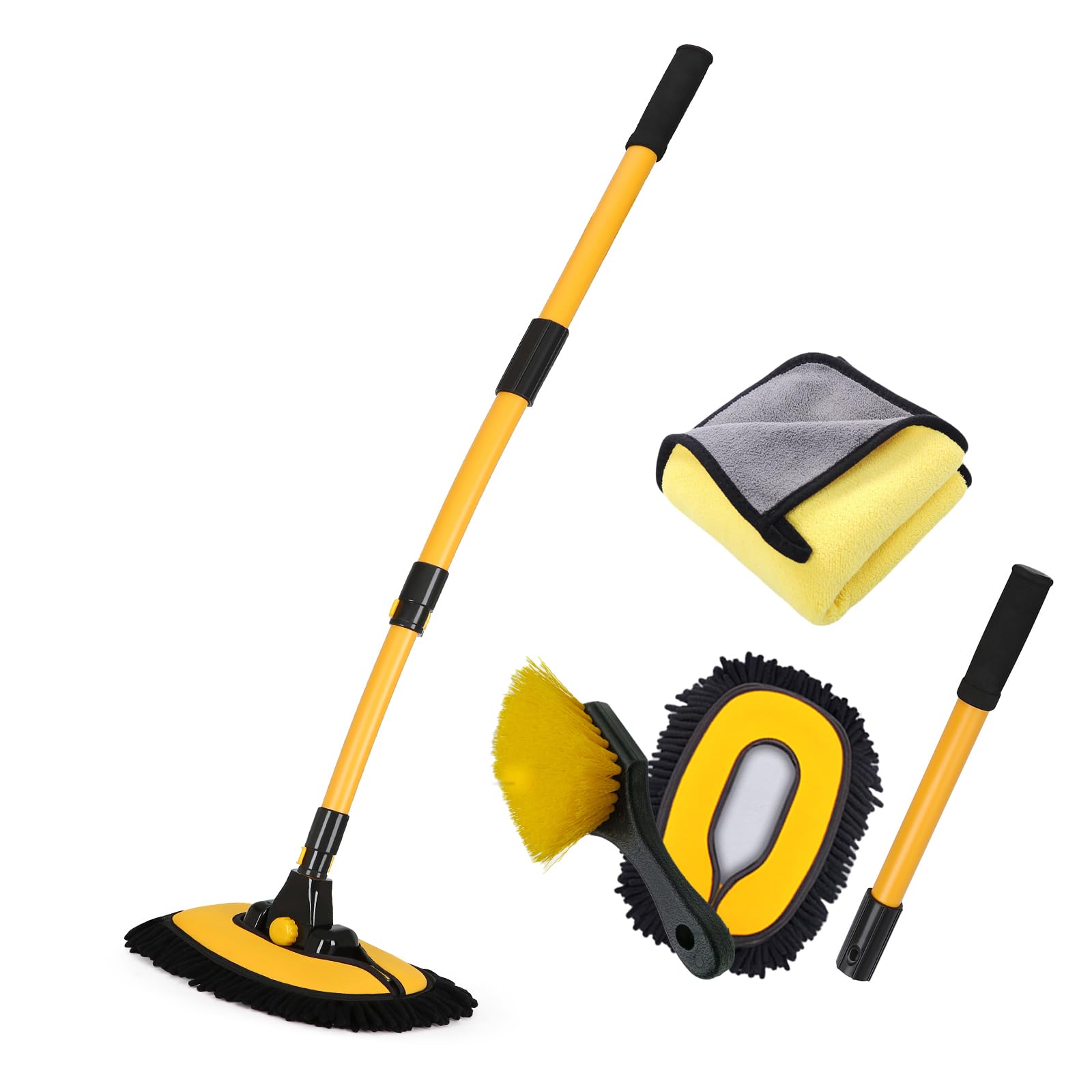 NEZENO 57'' Car Wash Brush with Long Handle Chenille Microfiber Car Wash Kit， Mitt Retractable Bent Pole Car Wash Brush for Cars RV Truck Boat (Ginger